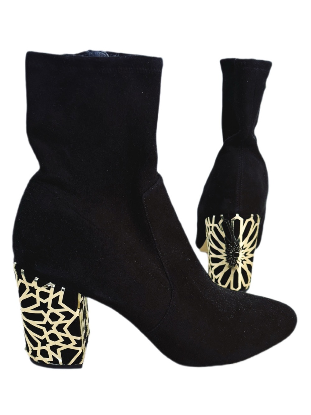 Via Spiga Black Suede Ankle Boots with Gold Cutout Block Heel